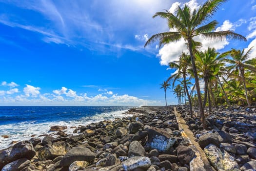 Black lava rocks form a rocky beach with aqua blue water, high palm trees on Ahalanui Beach on the Big Island of Hawaii.
