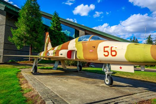 McMinnville, Oregon - August 31, 2014: Fighter aircraft Northrop F-5E Tiger II with desert strip on exhibition at Evergreen Aviation & Space Museum.