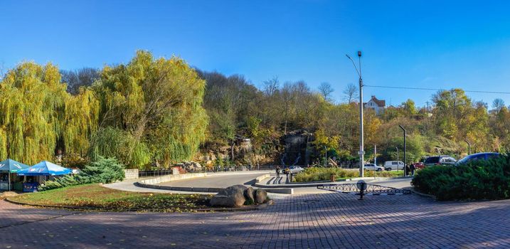 Uman, Ukraine 07.11.2020. The main entrance to the Sofievsky arboretum or Sofiyivsky Park in Uman, on a sunny autumn day