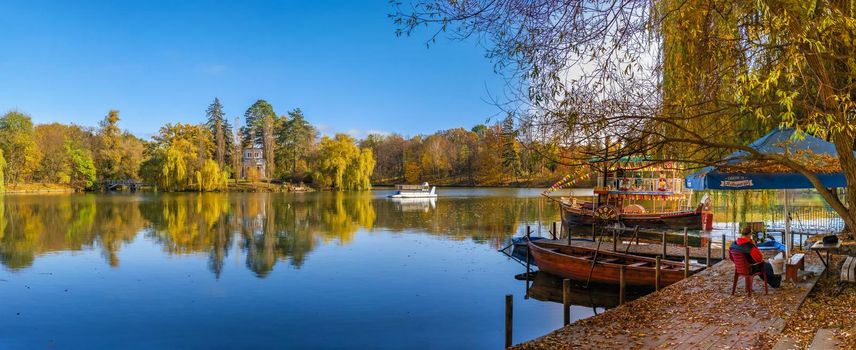 Uman, Ukraine 07.11.2020. Big pond in the Sofievsky arboretum or Sofiyivsky Park in Uman, Ukraine, on a sunny autumn day