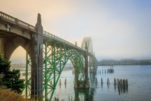 Large old bridge over Yaquina Bay at Newport, Oregon on the central Oregon coast, along Hwy 101.