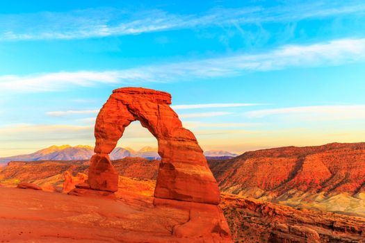 Sunset at delicate arch in Arches National Park, Utah.