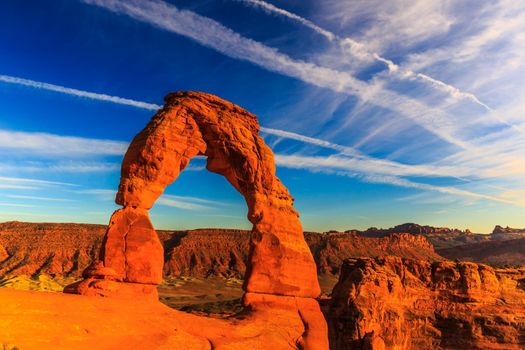 Sunset at delicate arch in Arches National Park, Utah.