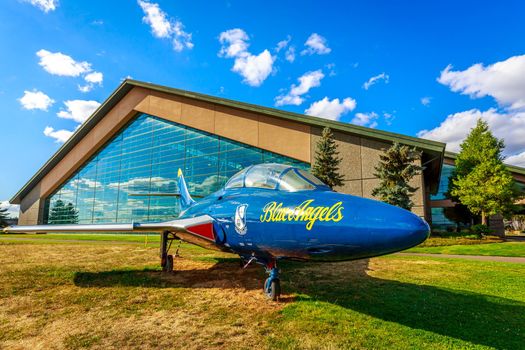 McMinnville, Oregon - August 31, 2014: Grumman TF-9J Cougar fighter aircraft in the color of the "Blue Angels" on exhibition at Evergreen Aviation & Space Museum.
