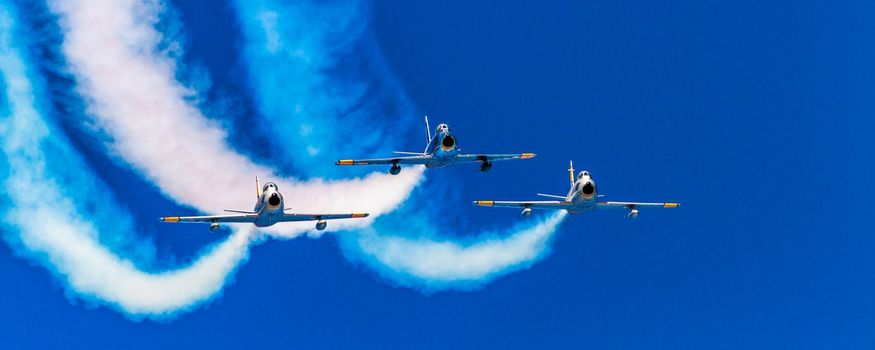 Hillsboro, Oregon - September 20, 2014: Bremont Horsemen F-86 Sabres perform at Oregon International Air Show.