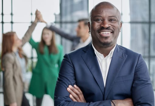 cheerful cheery imposing guy agent broker banker holding copy space on palms
