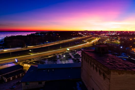 Panoramic view of the city at night. Tallinn, Estonia at night. Sleeping city in a cold winter night