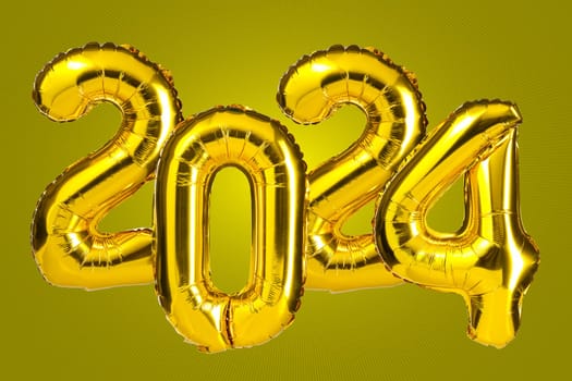 New Year 2024 celebration. Golden Yellow foil color balloons. 2024 balloons. On Yellow background. Party, greeting card, Advertising, Anniversary.