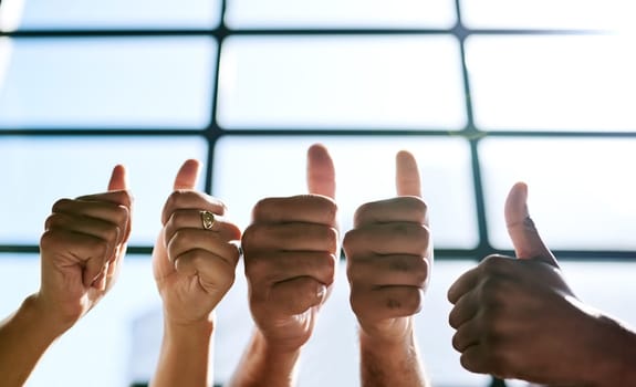 Succeeding is a team effort. a group of unrecognizable businesspeople gesturing thumbs up