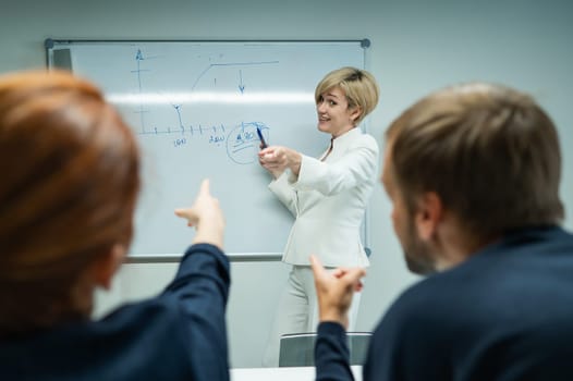 Caucasian woman blonde leads a presentation for colleagues