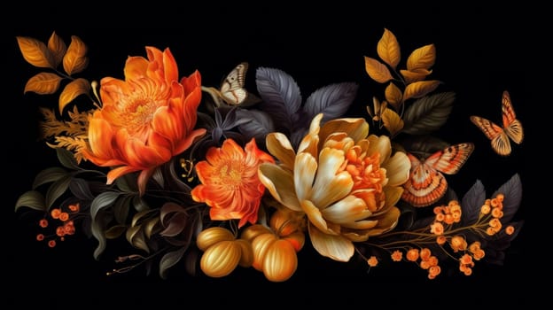 Flowers with butterflies on a black background. AI generated