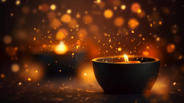 Candle on abstract dark background with glowing bokeh in orange, warm color. AI generated