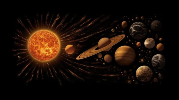 The sun and the planets of the solar system in space on a black background. AI generated