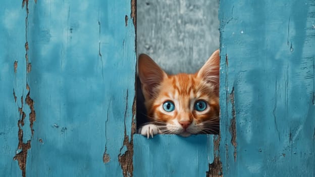 A red, small kitten peeks out from behind a blue background. AI generated.