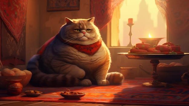 A fat, red striped cat lies on a red carpet after a hearty dinner in a room with candles. AI generated