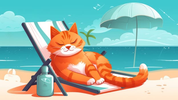 A red striped cat lies on a sun lounger on the shores of the turquoise sea with white sand. Concept travel and vacation. AI generated