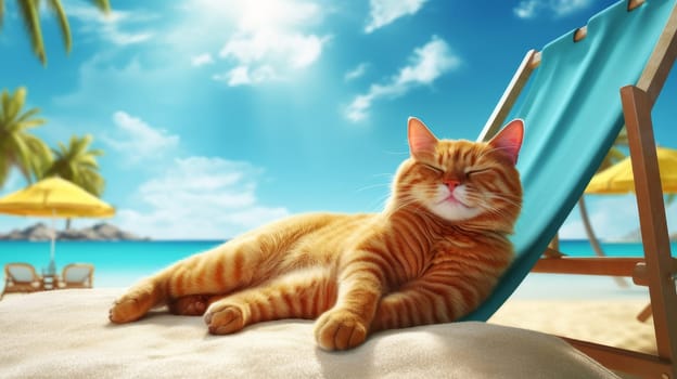 A red striped cat lies on a sun lounger on the shores of the turquoise sea with white sand. Concept travel and vacation. AI generated