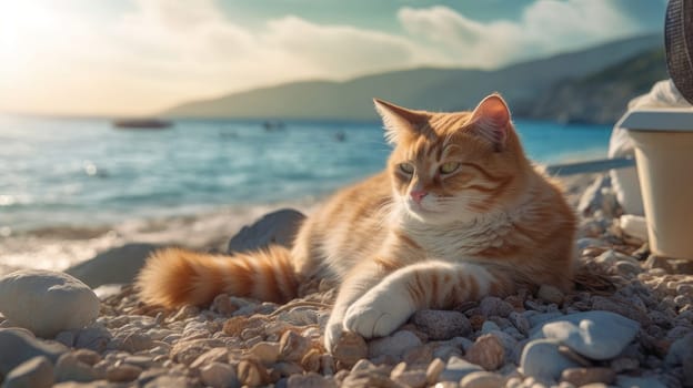 The cat is playing on the seashore. Concept travel and vacation. AI generated