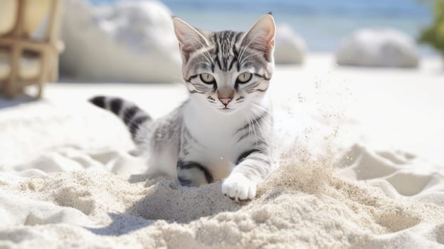 The cat is playing on the seashore. Concept travel and vacation. AI generated