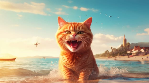 The cat is playing on the seashore. Concept travel and vacation. AI generated