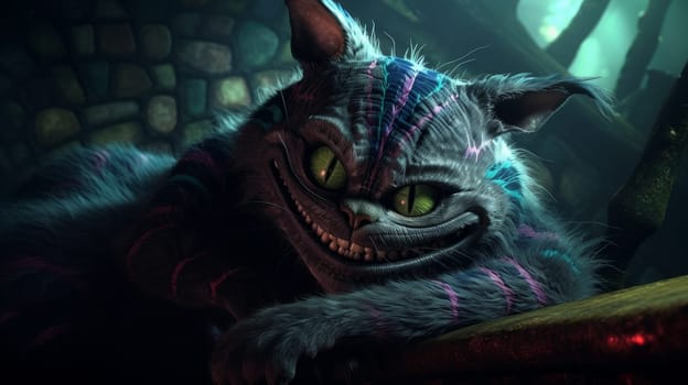 Futuristic Cheshire cat with a huge smile and big teeth with a grin. AI generated