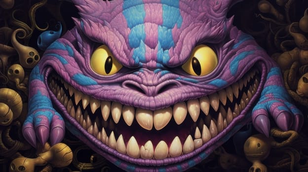 Futuristic Cheshire cat with a huge smile and big teeth with a grin. AI generated