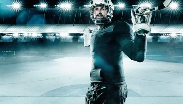 Hockey player in the mask on stadium.