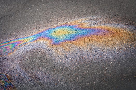 Oil stains on wet asphalt. Puddles are contaminated with multicolored streams of oil.