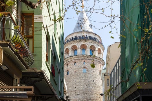 Galata Tower in the wonderful old street of Istanbul, Turkey.