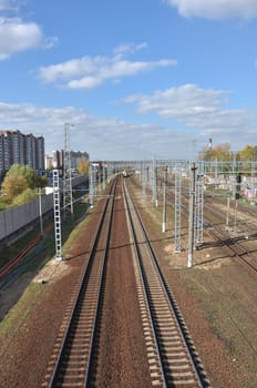 Moscow, Russia - 10 May. 2000. View from above on the rails of the Kryukovo station in a Zelenograd