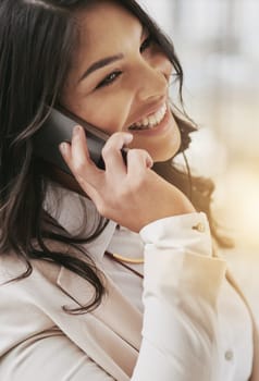 Business woman, phone call and communication with smile, networking and telecom with professional deal negotiation. Happy female employee, corporate and conversation with contact and connection.