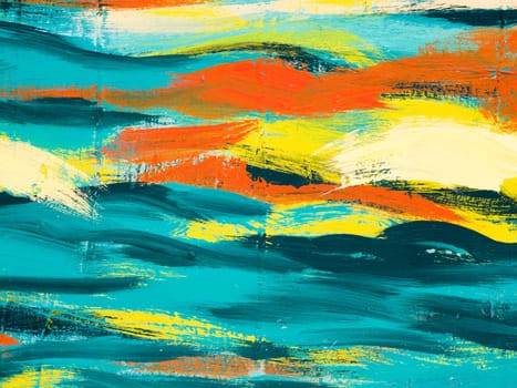 Creative artistic backdrop. Concrete wall surface painted of various colors as abstract multi-colored background texture. Turquoise, yellow, orange and green paint strokes. Template with gradient