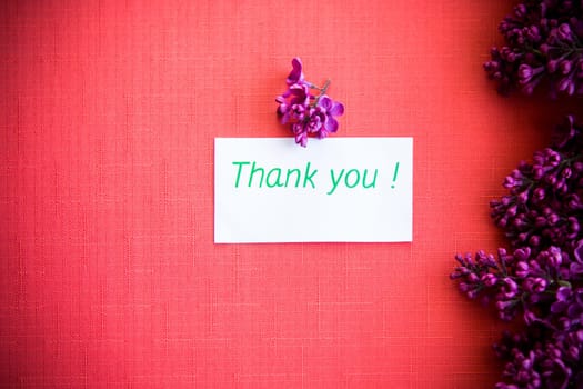 red background with branches of blooming beautiful lilac, with a greeting card.