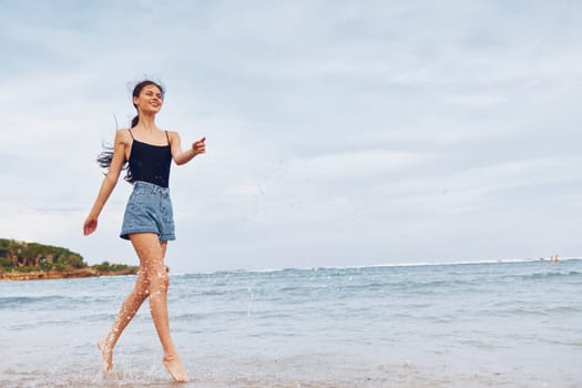 woman smile summer copy travel young happiness relax nature lifestyle sunset flight sexy sea ocean leisure running fun space shore body beach