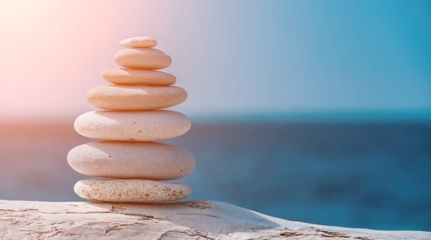 Balanced Pebbles Pyramid on the Beach on Sunny Day and Clear Sky at Sunset. Blue Sea on Background Selective focus, zen stones on sea beach, meditation, spa, harmony, calm, balance concept.