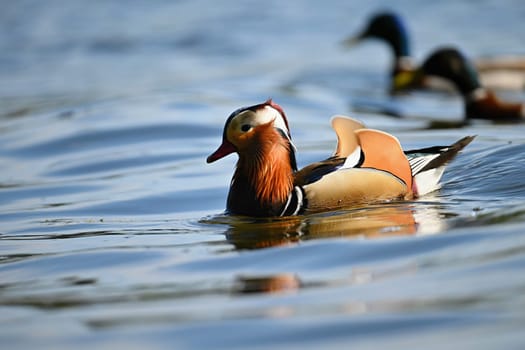 Beautiful mandarin ducks. Animals in the wild. Natural colorful background.