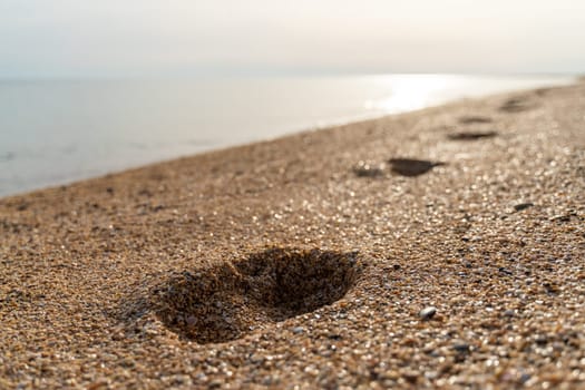 Human footprint on sand summer beach background with copyspace.