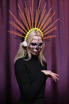 Beautiful Halloween Make-Up Style, Fancy Dress. Blond Model Wear Sugar Skull Makeup with Crown. Santa Muerte concept, Art Costume with Diadem