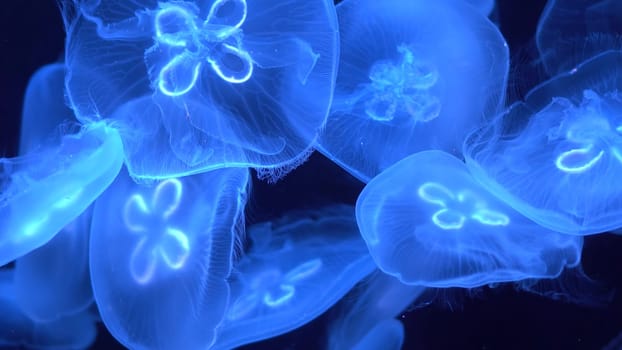 Jellyfish glow blue in the dark. Neon transparent jellyfish float on a black background. 4k