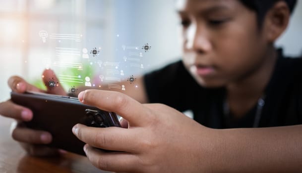 A boy's hand uses a smartphone to type live chat, ask, answer with an artificial intelligence system. chat bot. Ai.