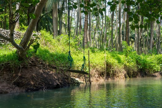 Cruising on the beautiful and calm river with trees at Kali Cokel, Pacitan, Indonesia. Nature and wildlife photography.