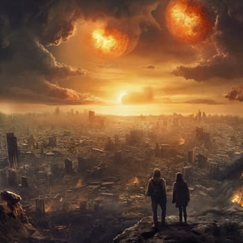 When the end of the world came to earth. Couple watching destroied city . AI Generative
