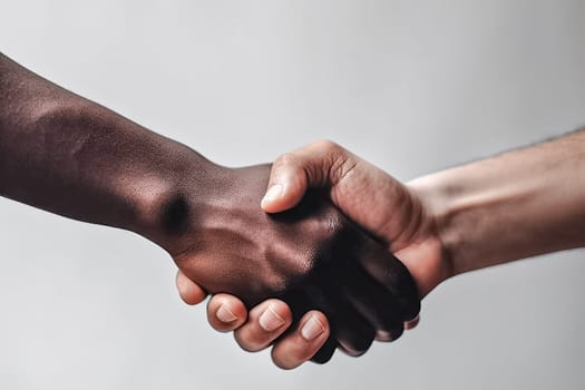 Shake hands. Closeup view of two people shaking hands isolated on light gray background