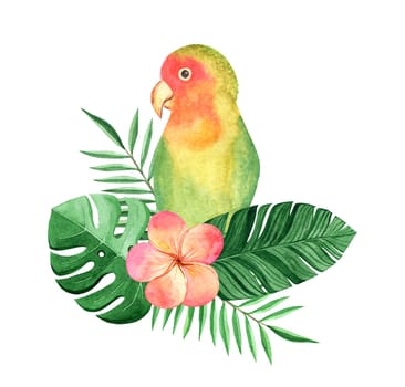 Watercolor lovebird and tropical floral isolated on white background. Hand drawn parrot illustration