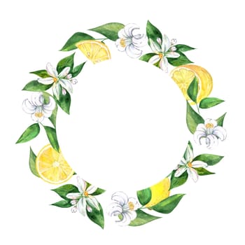 Watercolor lemon round wreath isolated on white background. Hand drawn fruit frame illustration