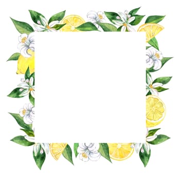 Watercolor lemon square frame isolated on white background