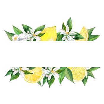 Watercolor lemon border isolated on white background. Hand drawn citrus frame illustration