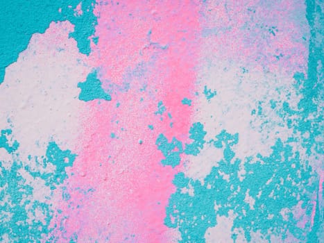 Abstract painting colorful background texture. Pastel color. Turquoise and pink shabby concrete wall with flaky plaster. Vintage, cracked distressed background. Virid paint stains on white canvas.