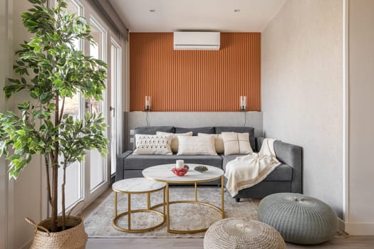 Cozy small living room with terracotta color wall with stylish accessories and furniture and large windows with natural light. The concept of a beautiful and functional interior. Copyspace.