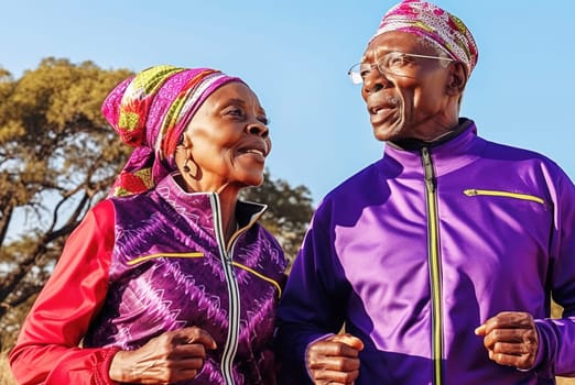 An adult African American couple is jogging in the park. Generative AI. High quality illustration